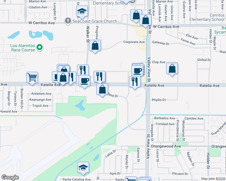 map of restaurants, bars, coffee shops, grocery stores, and more near 5730 Katella Avenue in Cypress