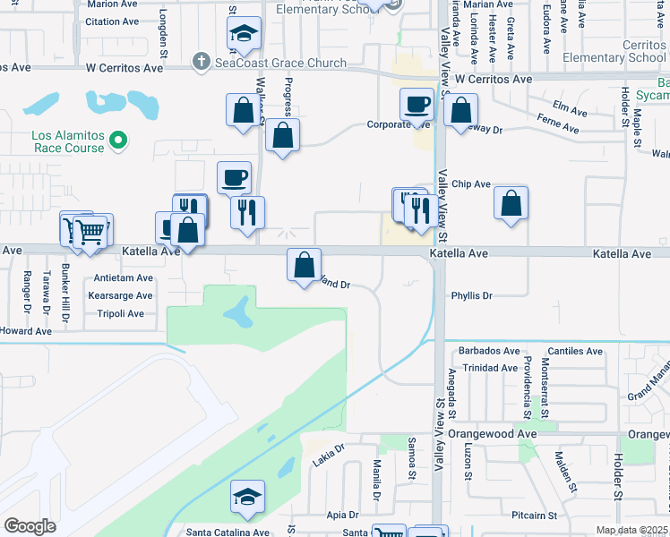 map of restaurants, bars, coffee shops, grocery stores, and more near 5730 Katella Avenue in Cypress