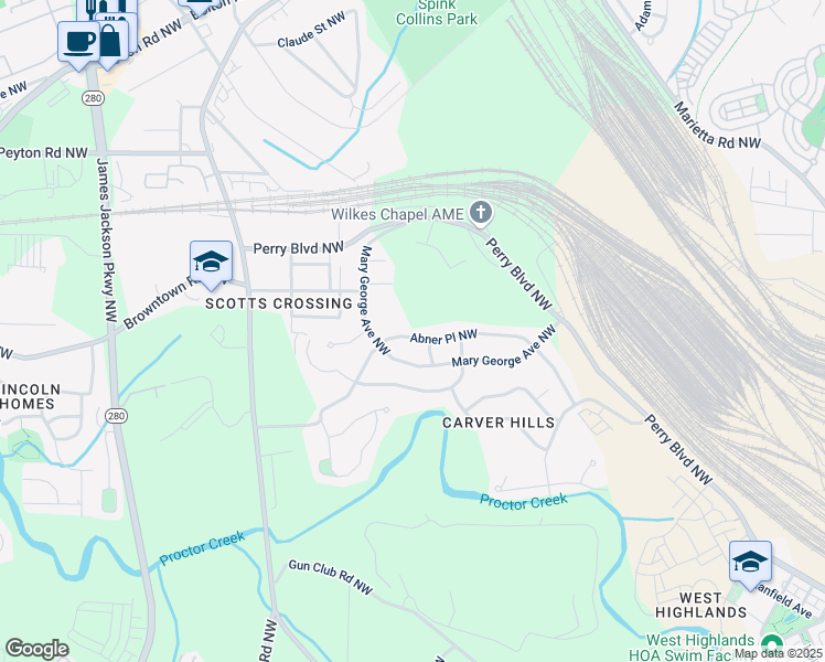map of restaurants, bars, coffee shops, grocery stores, and more near 2329 Abner Place Northwest in Atlanta
