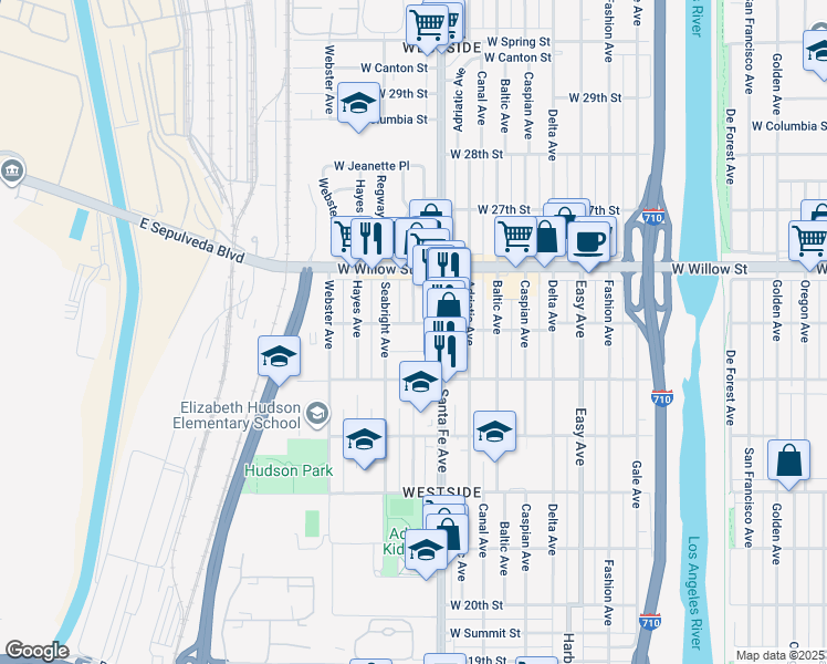 map of restaurants, bars, coffee shops, grocery stores, and more near 1800 West 25th Street in Long Beach