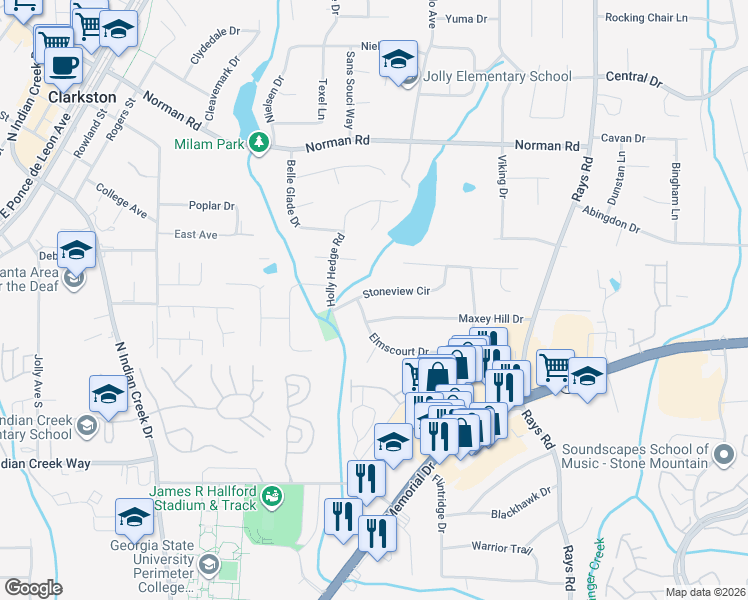 map of restaurants, bars, coffee shops, grocery stores, and more near 3983 Stoneview Circle in Stone Mountain