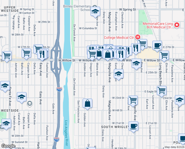 map of restaurants, bars, coffee shops, grocery stores, and more near 2480 Oregon Avenue in Long Beach