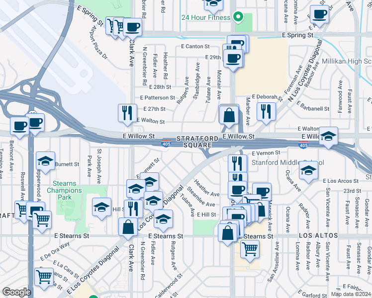 map of restaurants, bars, coffee shops, grocery stores, and more near 5345 East Eagle Street in Long Beach