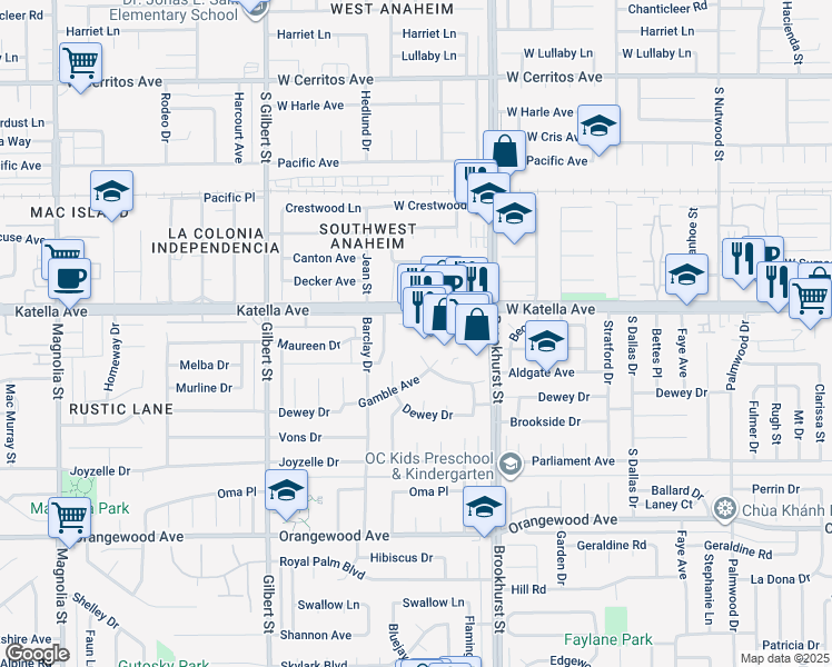 map of restaurants, bars, coffee shops, grocery stores, and more near 9896 Katella Avenue in Anaheim