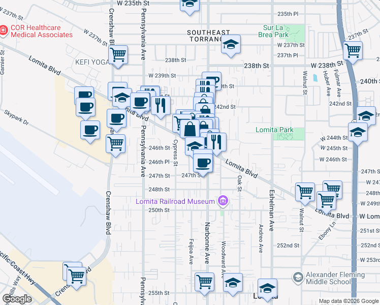 map of restaurants, bars, coffee shops, grocery stores, and more near 24622 Moon Avenue in Lomita