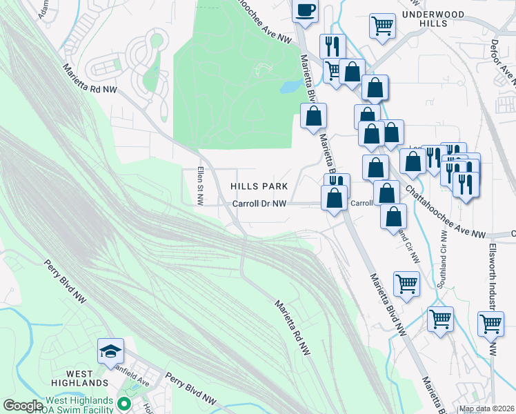 map of restaurants, bars, coffee shops, grocery stores, and more near 1644 Carroll Drive Northwest in Atlanta