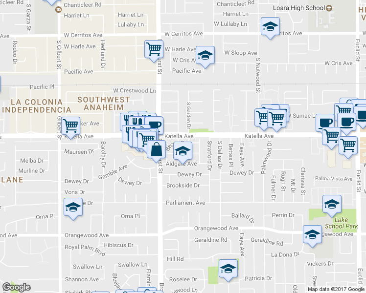 map of restaurants, bars, coffee shops, grocery stores, and more near 10112 Becca Drive in Garden Grove