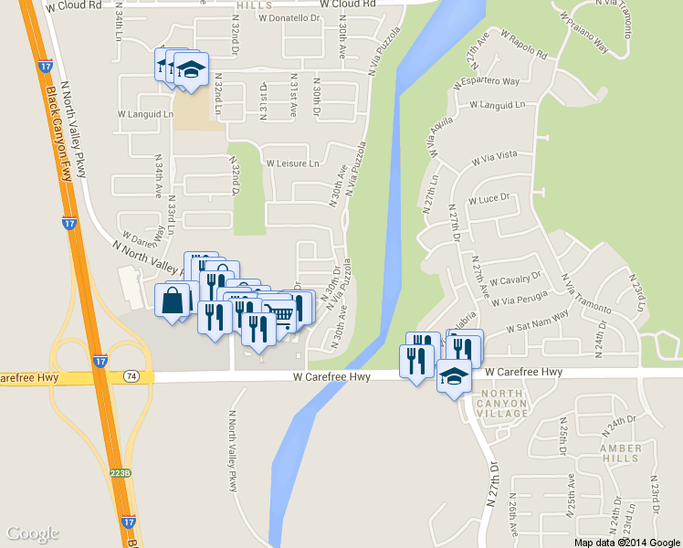 map of restaurants, bars, coffee shops, grocery stores, and more near 35005 North 30th Drive in Phoenix