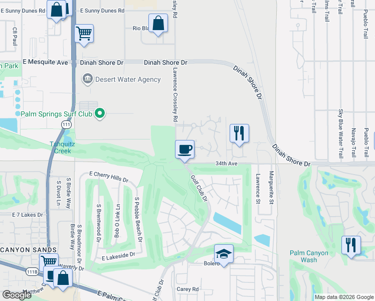 map of restaurants, bars, coffee shops, grocery stores, and more near 5943 Paradise Plaza in Palm Springs