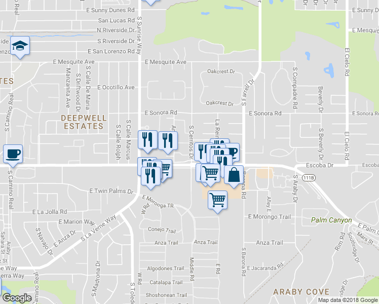 map of restaurants, bars, coffee shops, grocery stores, and more near 2026 Normandy Court in Palm Springs