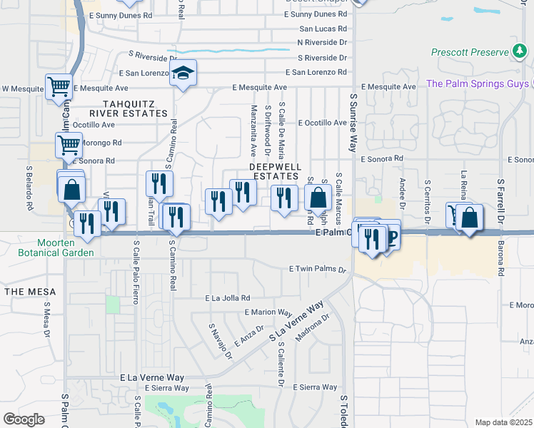 map of restaurants, bars, coffee shops, grocery stores, and more near 1690 South Calle Palo Fierro in Palm Springs