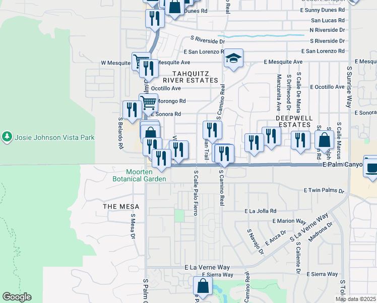 map of restaurants, bars, coffee shops, grocery stores, and more near 435 East Avenida Olancha in Palm Springs