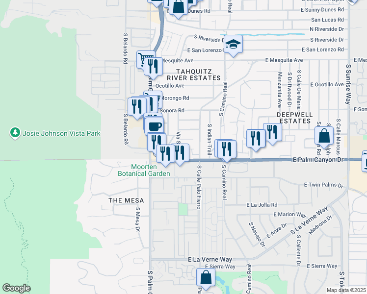 map of restaurants, bars, coffee shops, grocery stores, and more near 435 East Avenida Olancha in Palm Springs