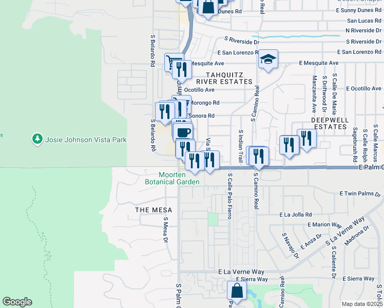 map of restaurants, bars, coffee shops, grocery stores, and more near 1634 South Vía Entrada in Palm Springs