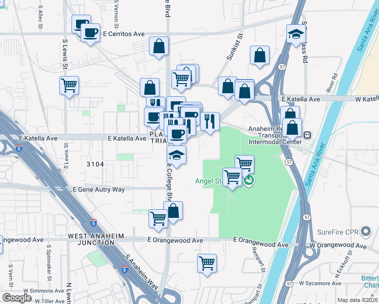 map of restaurants, bars, coffee shops, grocery stores, and more near 1818 South State College Boulevard in Anaheim