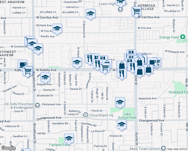 map of restaurants, bars, coffee shops, grocery stores, and more near 10621 Tibbs Circle in Garden Grove