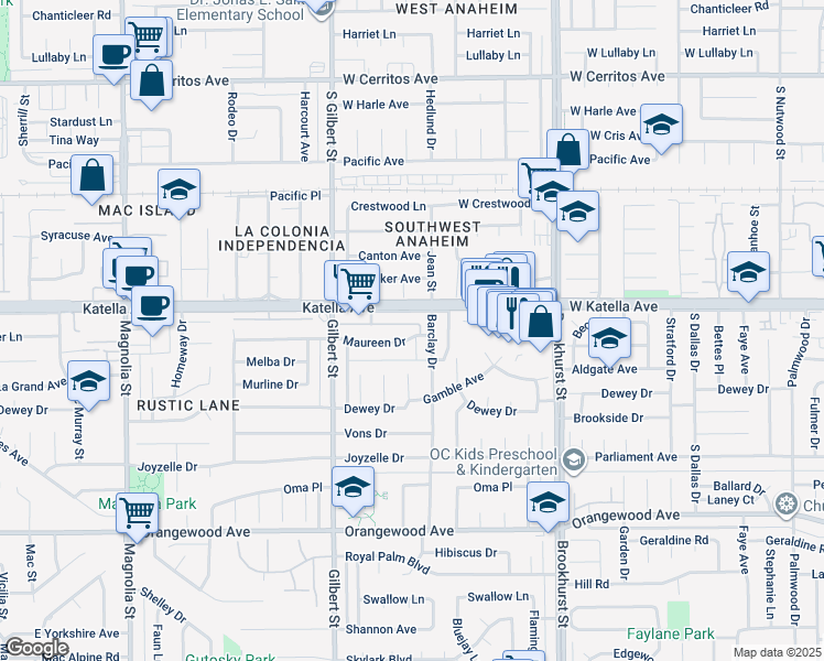 map of restaurants, bars, coffee shops, grocery stores, and more near 9672 Katella Avenue in Anaheim