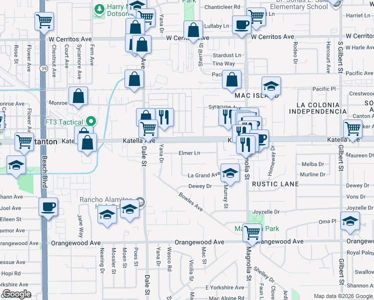map of restaurants, bars, coffee shops, grocery stores, and more near 8692 Katella Avenue in Anaheim