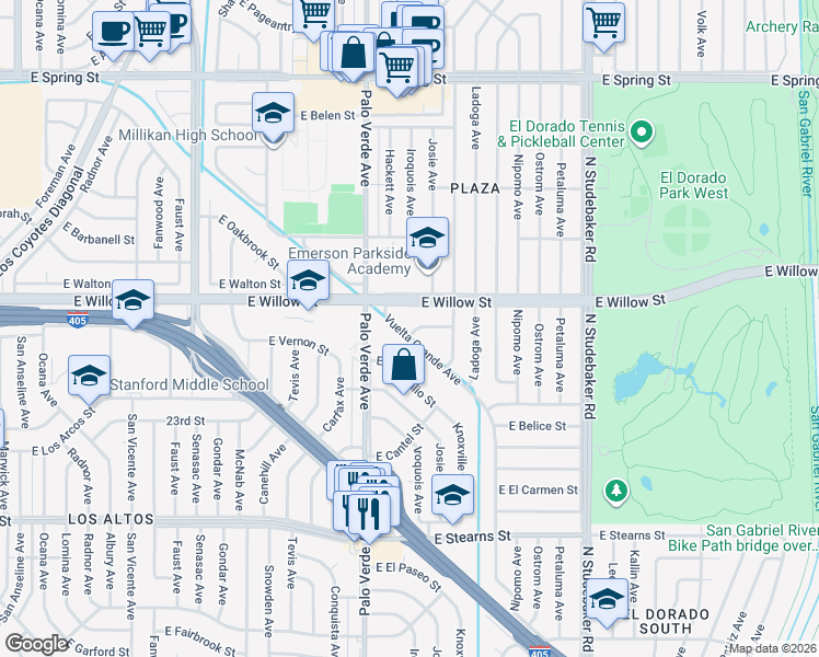 map of restaurants, bars, coffee shops, grocery stores, and more near 6529 East El Pulcro Street in Long Beach