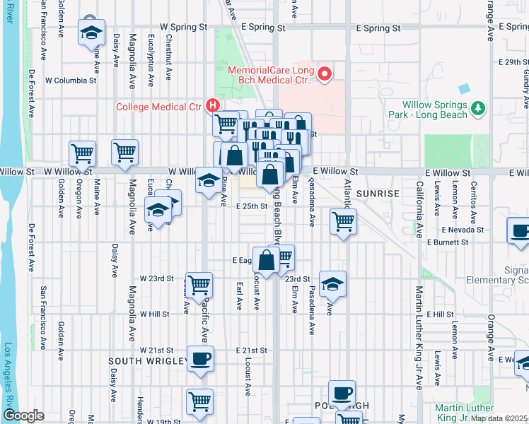 map of restaurants, bars, coffee shops, grocery stores, and more near 2491 Long Beach Boulevard in Long Beach