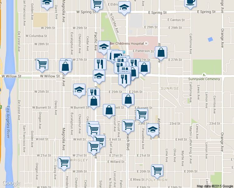 map of restaurants, bars, coffee shops, grocery stores, and more near 220 East 25th Street in Long Beach