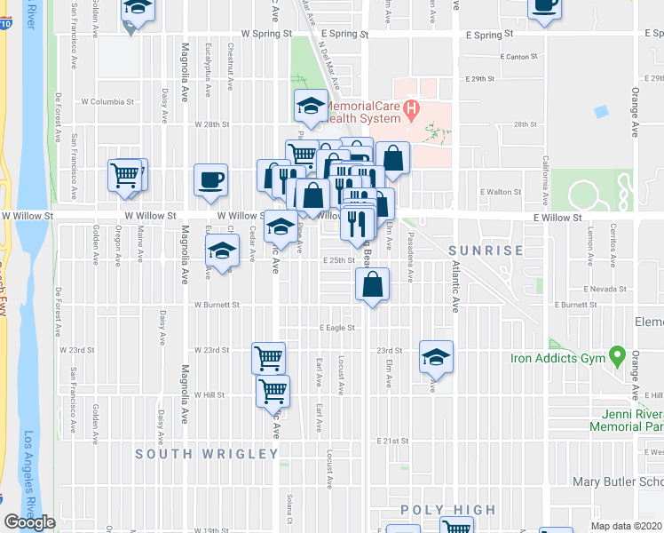 map of restaurants, bars, coffee shops, grocery stores, and more near 220 East 25th Street in Long Beach