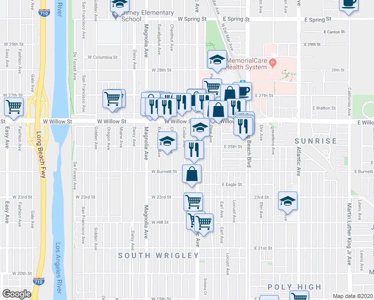 map of restaurants, bars, coffee shops, grocery stores, and more near 2491 Pacific Avenue in Long Beach