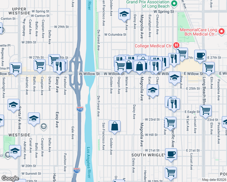 map of restaurants, bars, coffee shops, grocery stores, and more near 2495 Oregon Avenue in Long Beach
