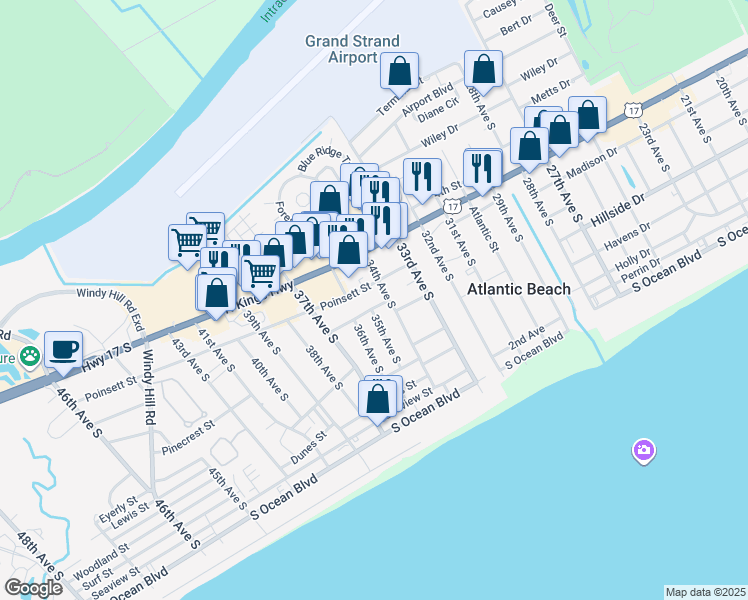 map of restaurants, bars, coffee shops, grocery stores, and more near 3405 Poinsett Street in North Myrtle Beach