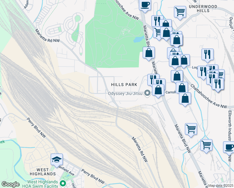 map of restaurants, bars, coffee shops, grocery stores, and more near 1668 Carroll Drive Northwest in Atlanta