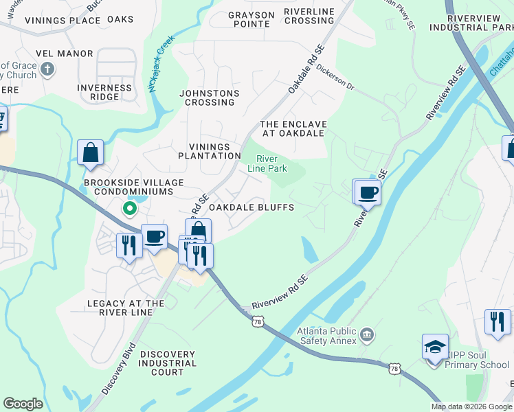 map of restaurants, bars, coffee shops, grocery stores, and more near 6102 Indian Wood Circle in Mableton