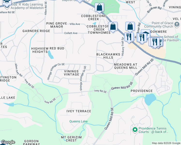map of restaurants, bars, coffee shops, grocery stores, and more near 471 Vinings Vintage Circle in Mableton