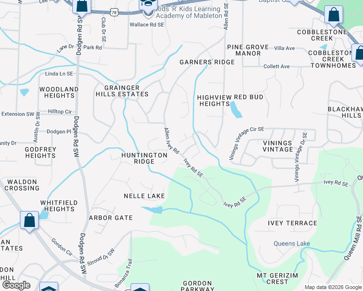 map of restaurants, bars, coffee shops, grocery stores, and more near 178 Iveydale Road Southeast in Mableton
