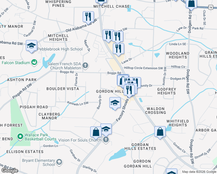map of restaurants, bars, coffee shops, grocery stores, and more near 590 Elizabeth Lane Southwest in Mableton