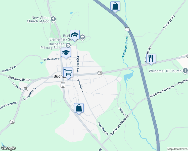 map of restaurants, bars, coffee shops, grocery stores, and more near 4393 Georgia 120 in Buchanan