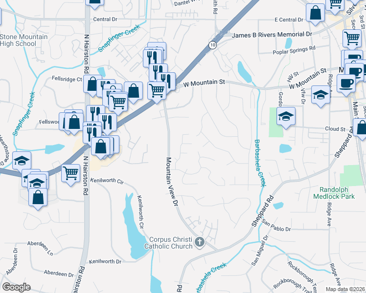 map of restaurants, bars, coffee shops, grocery stores, and more near 4987 Celtic Way in Stone Mountain