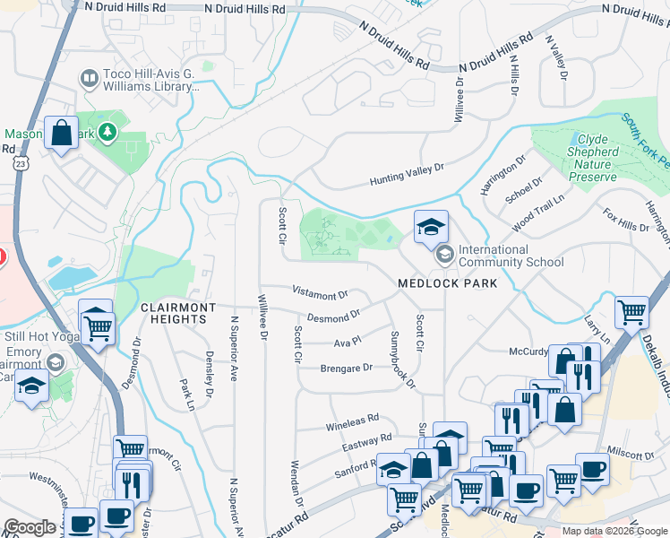 map of restaurants, bars, coffee shops, grocery stores, and more near 920 Scott Circle in Decatur