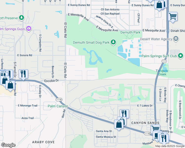 map of restaurants, bars, coffee shops, grocery stores, and more near 3770 Torito Circle in Palm Springs