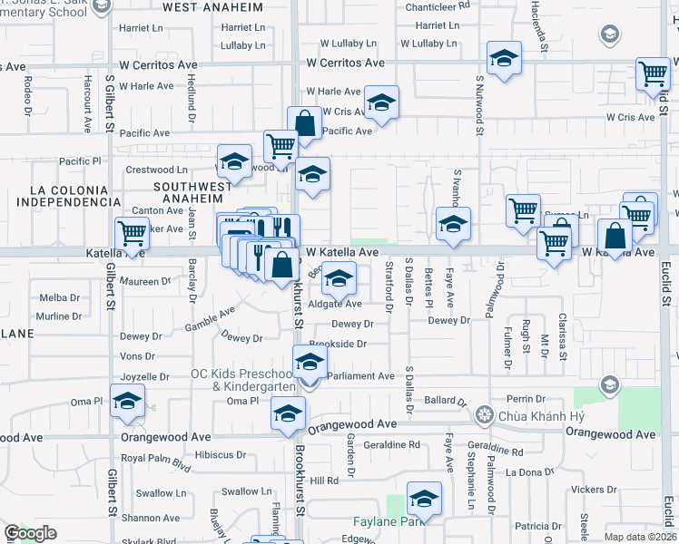 map of restaurants, bars, coffee shops, grocery stores, and more near 10112 Becca Drive in Garden Grove
