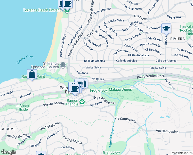 map of restaurants, bars, coffee shops, grocery stores, and more near 2552 Vía Anita in Palos Verdes Estates