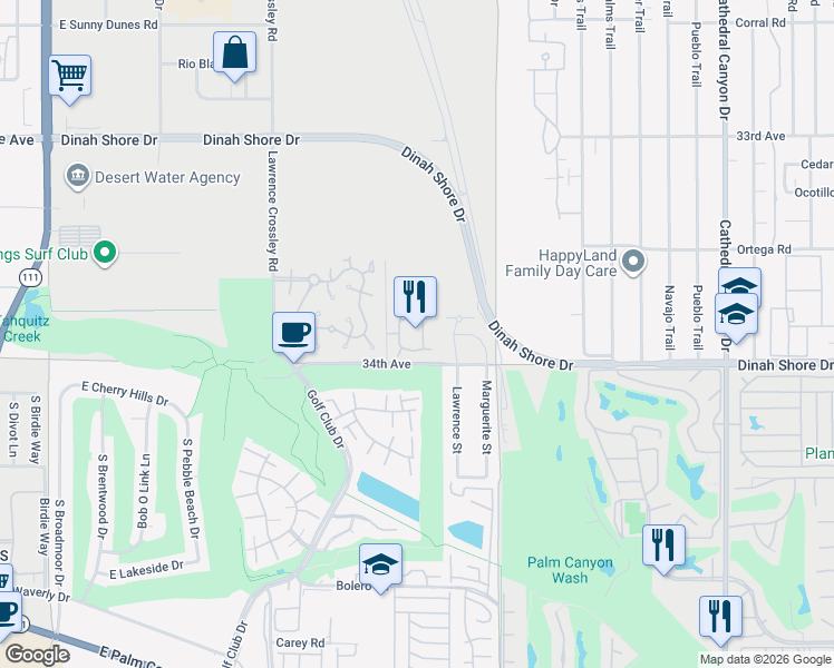 map of restaurants, bars, coffee shops, grocery stores, and more near 6252 Paseo De La Palma in Palm Springs