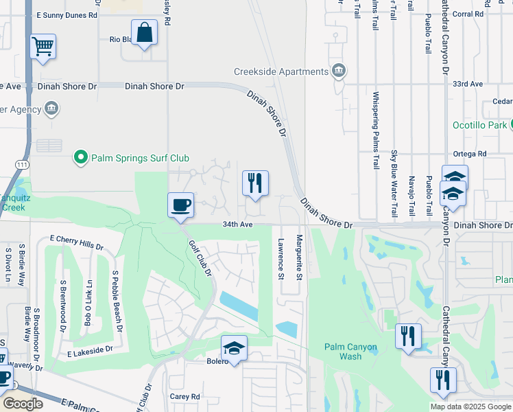 map of restaurants, bars, coffee shops, grocery stores, and more near 6213 Paseo De La Palma in Palm Springs