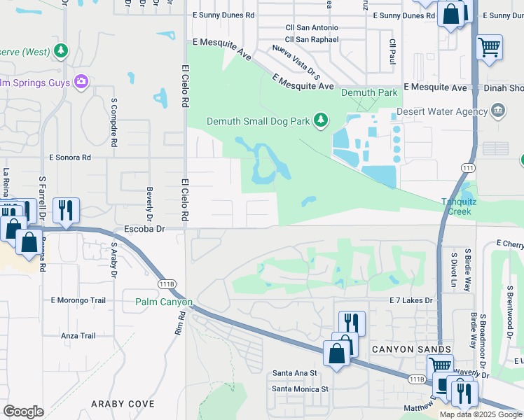map of restaurants, bars, coffee shops, grocery stores, and more near 3770 Torito Circle in Palm Springs
