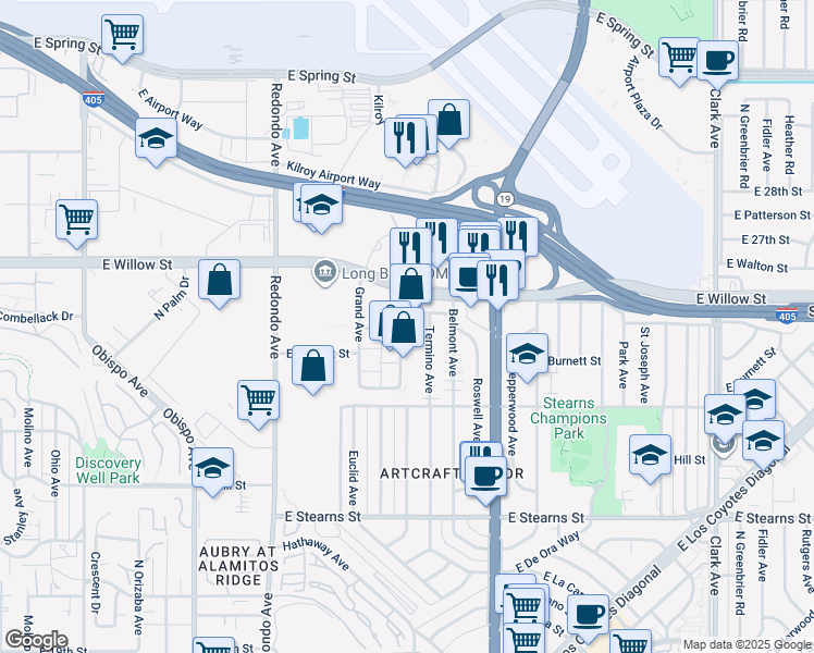 map of restaurants, bars, coffee shops, grocery stores, and more near 2520 Mira Mar Avenue in Long Beach
