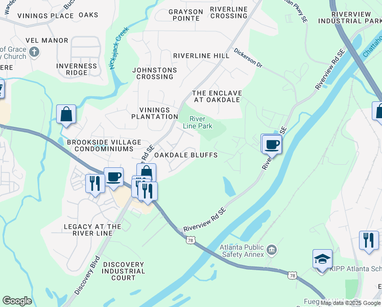 map of restaurants, bars, coffee shops, grocery stores, and more near 6102 Indian Wood Circle in Mableton