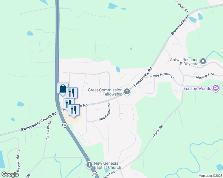 map of restaurants, bars, coffee shops, grocery stores, and more near 106 Water Way Trail in Powder Springs