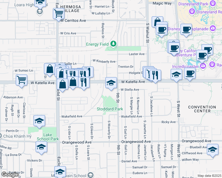 map of restaurants, bars, coffee shops, grocery stores, and more near 1841 9th Street in Anaheim