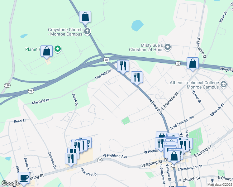 map of restaurants, bars, coffee shops, grocery stores, and more near 504A Carver Place in Monroe