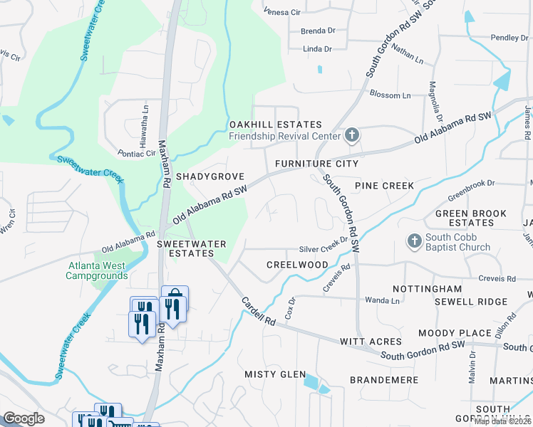 map of restaurants, bars, coffee shops, grocery stores, and more near 6293 Silver Creek Lane in Austell