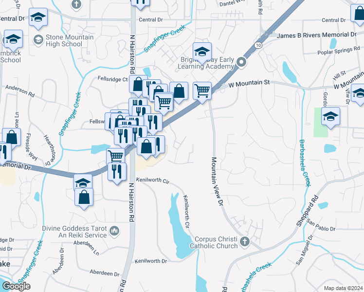 map of restaurants, bars, coffee shops, grocery stores, and more near 616 Wildwood Glen in Stone Mountain